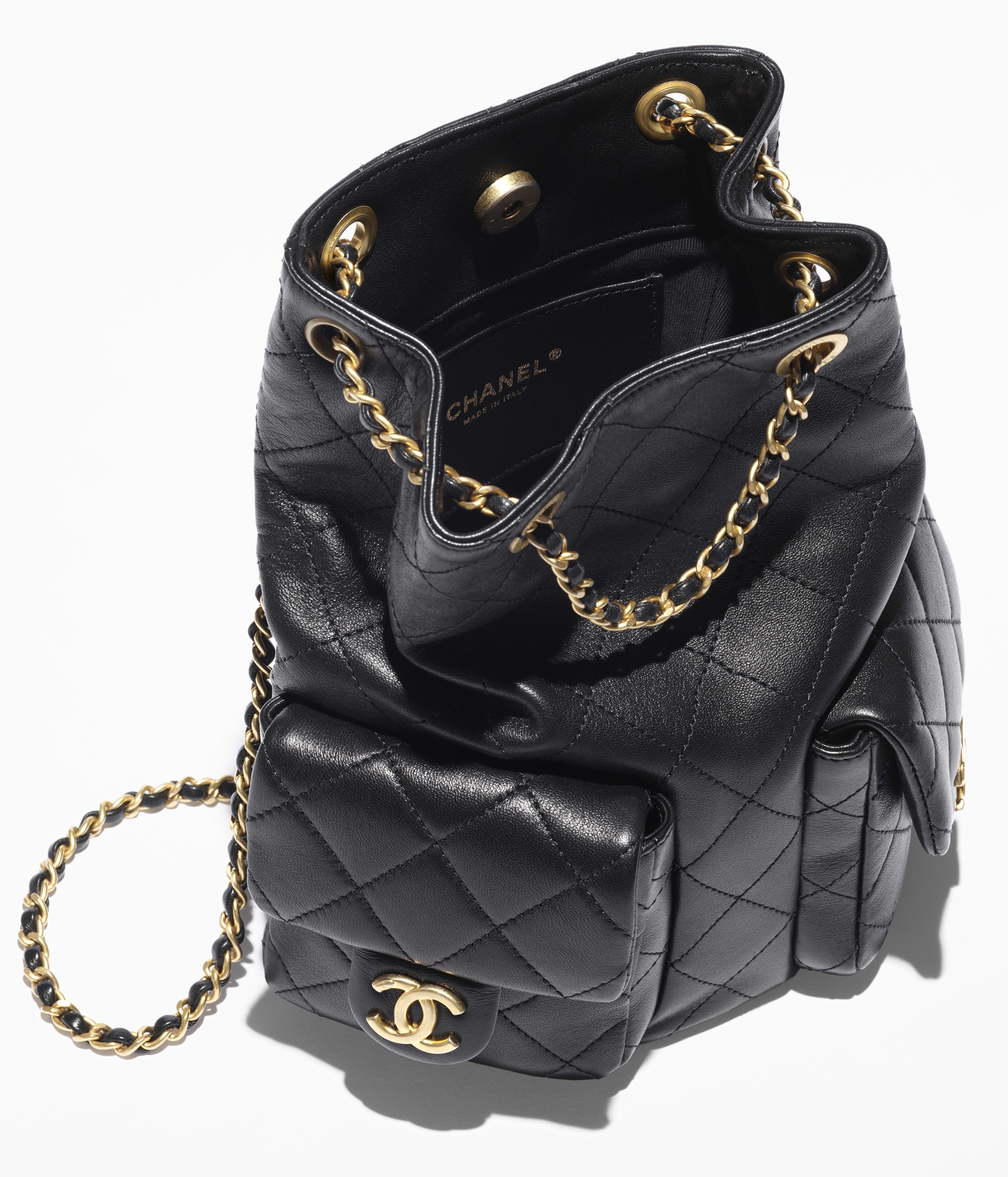 Mochila - Negro - Piel de cordero efecto brillo y metal dorado - 